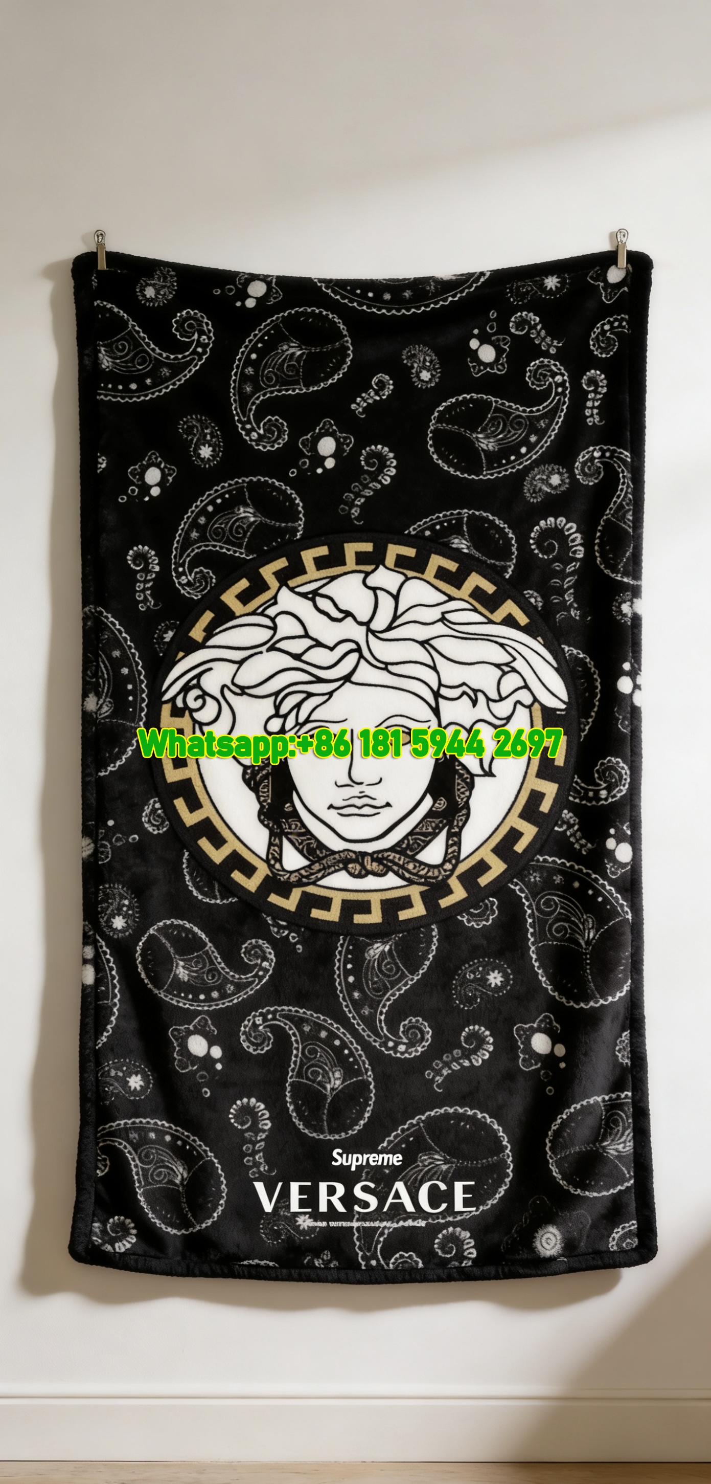 Versace Black Gold and White Paisley Medallion Print Flannel Throw Blanket IMG_1475